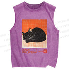 Unisex Japan Cat Printed Washed Tank Top