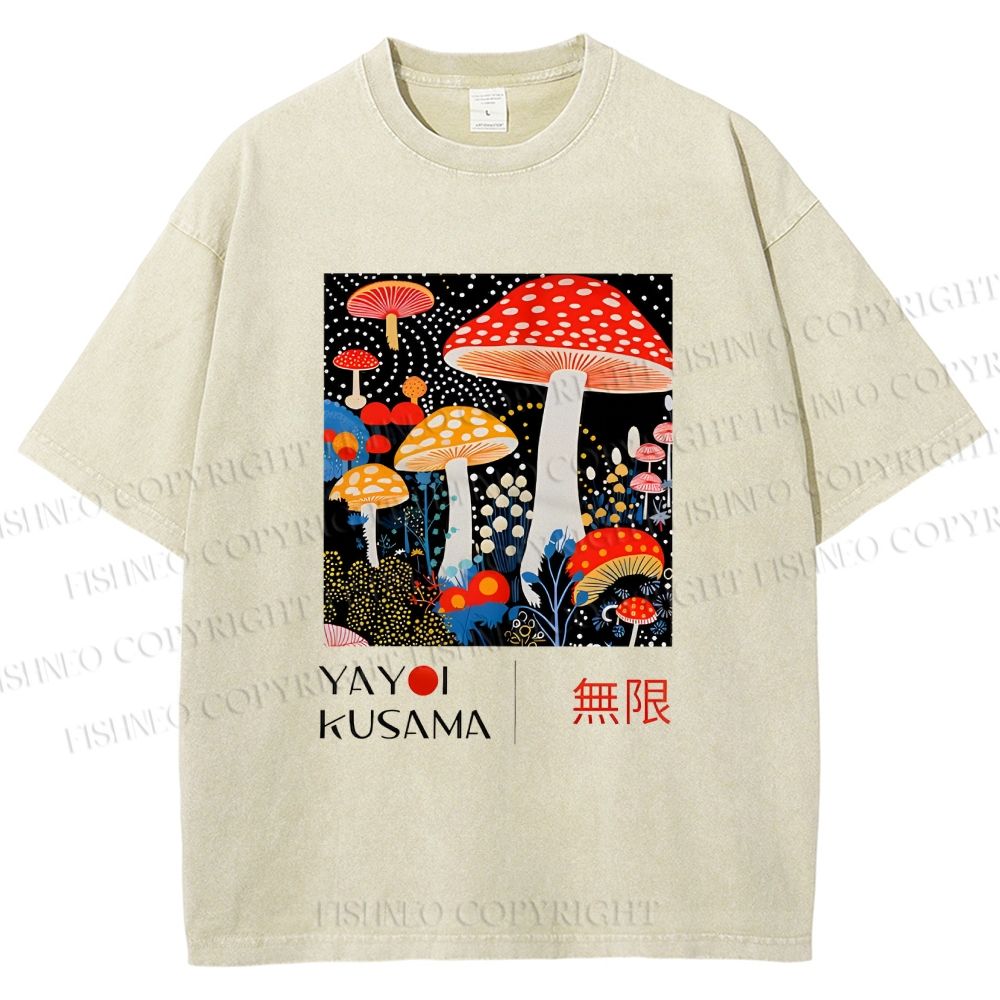 Unisex Yayoi Kusama Polka Dot Mushroom Printed Washed Tee
