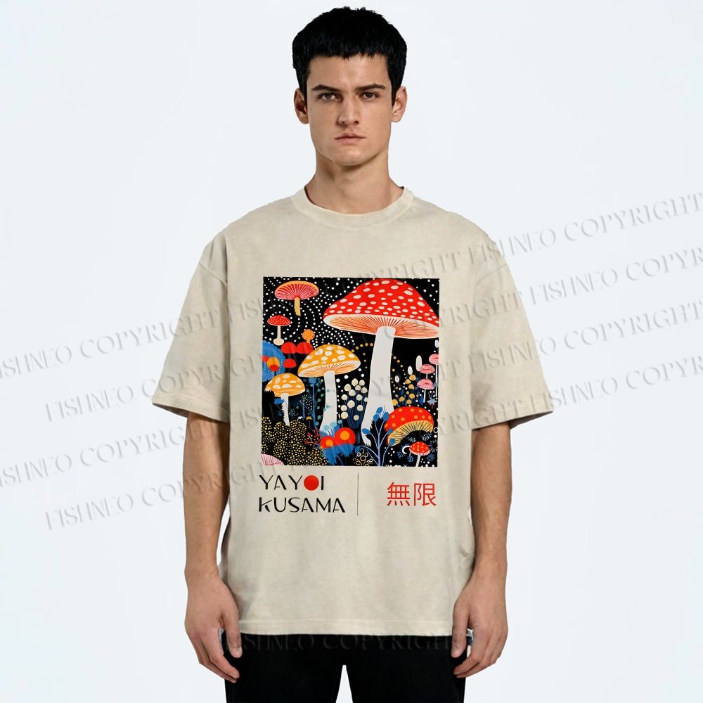 Unisex Yayoi Kusama Polka Dot Mushroom Printed Washed Tee