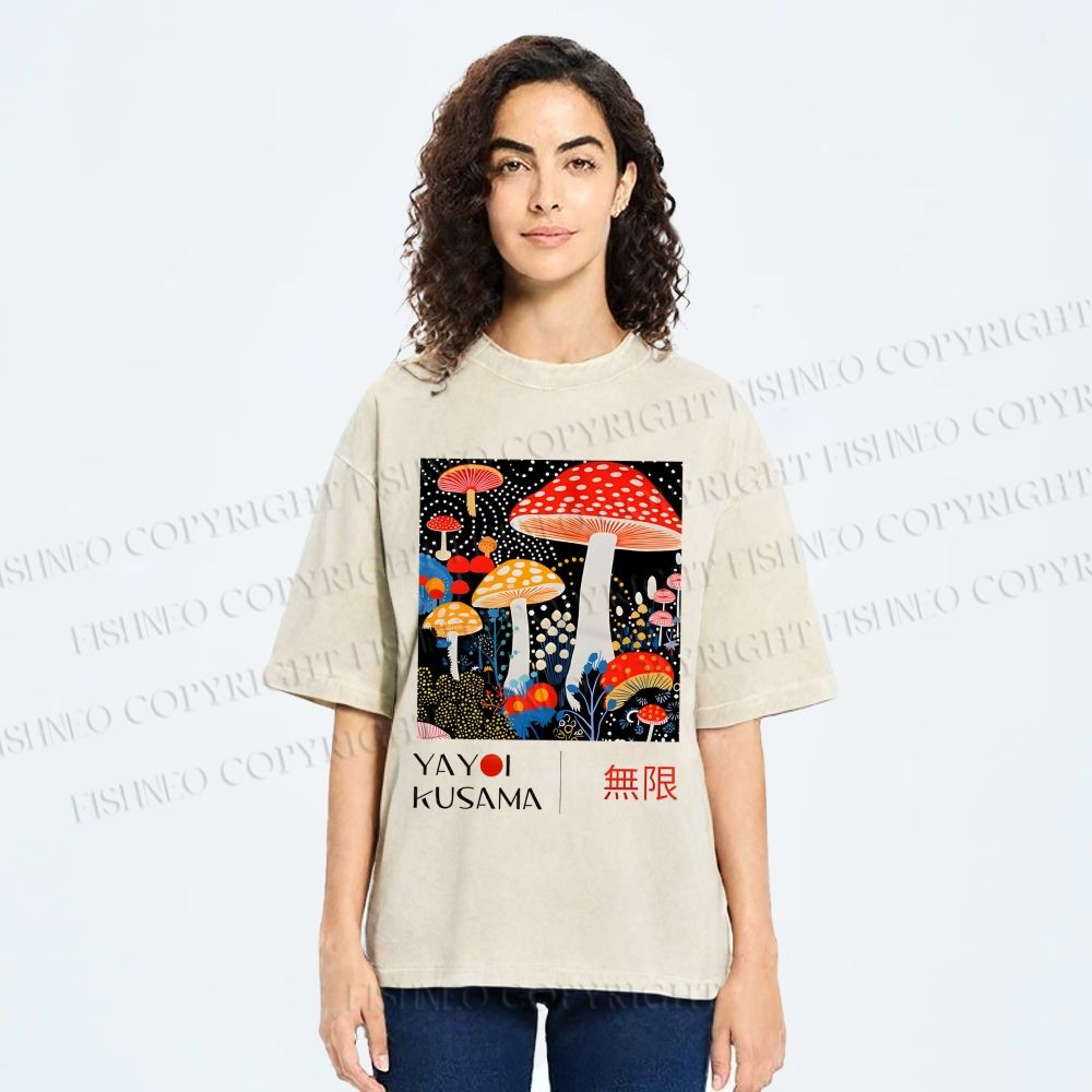 Unisex Yayoi Kusama Polka Dot Mushroom Printed Washed Tee