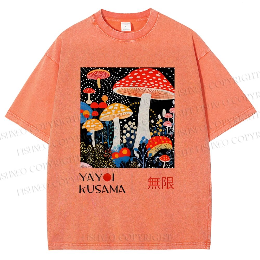 Unisex Yayoi Kusama Polka Dot Mushroom Printed Washed Tee