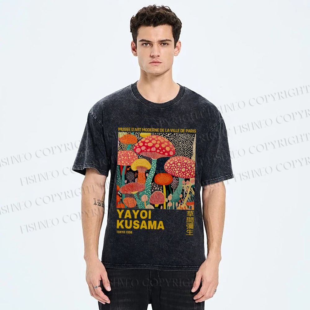 Unisex Yayoi Kusama Mushroom Printed Washed Tee