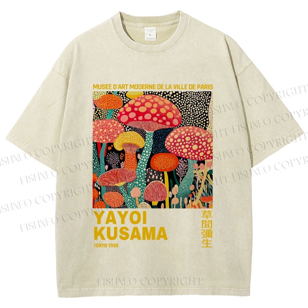 Unisex Yayoi Kusama Mushroom Printed Washed Tee