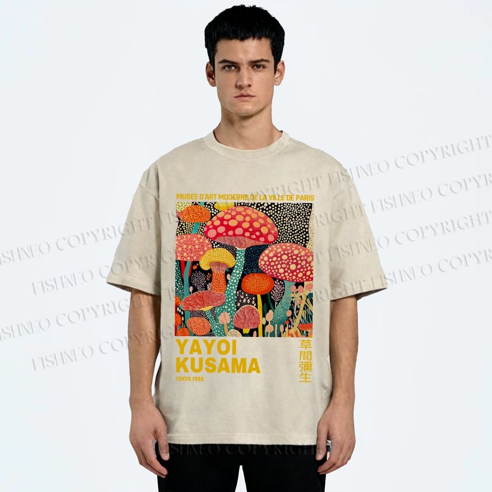 Unisex Yayoi Kusama Mushroom Printed Washed Tee