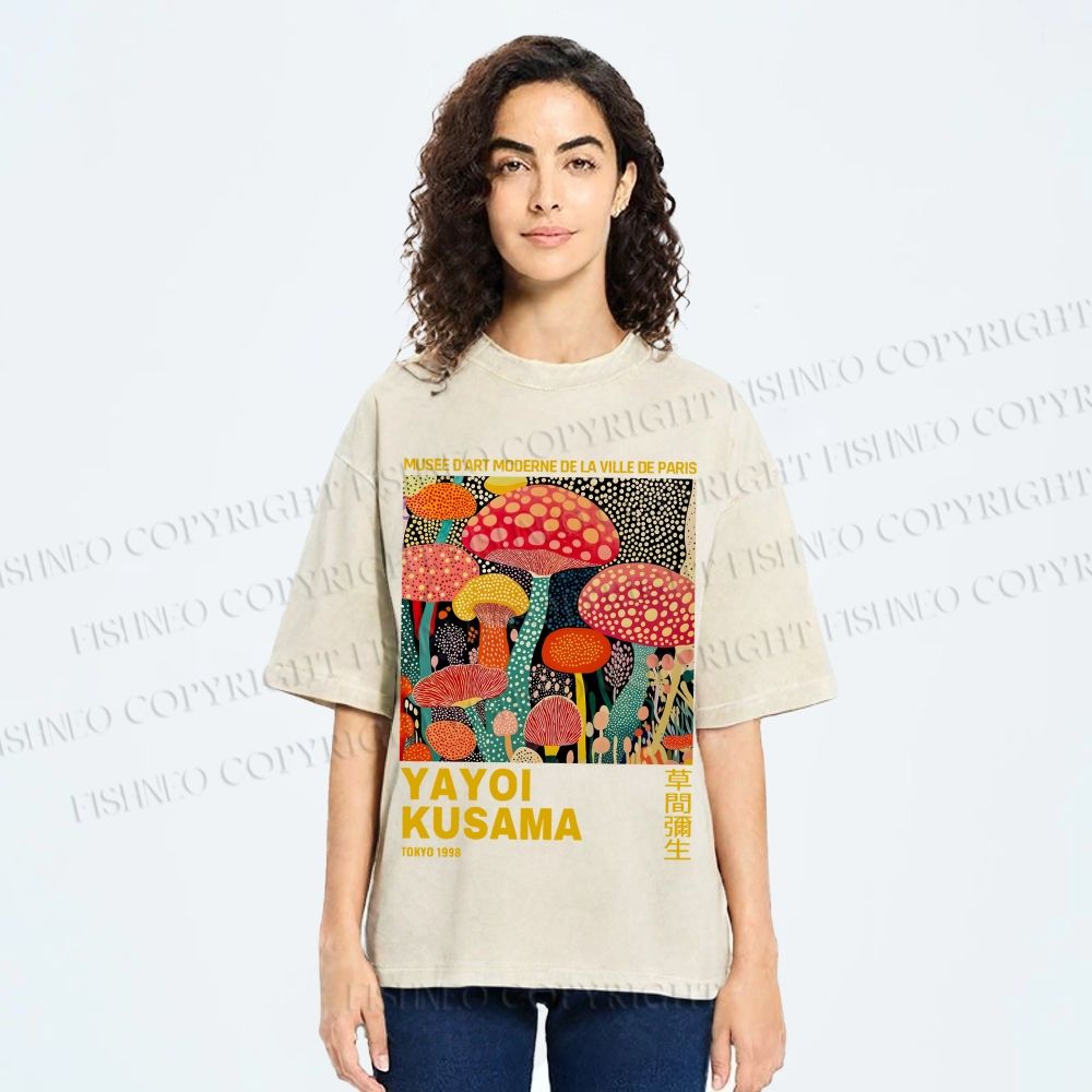 Unisex Yayoi Kusama Mushroom Printed Washed Tee