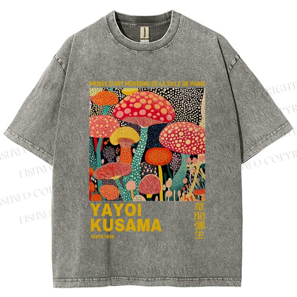 Unisex Yayoi Kusama Mushroom Printed Washed Tee