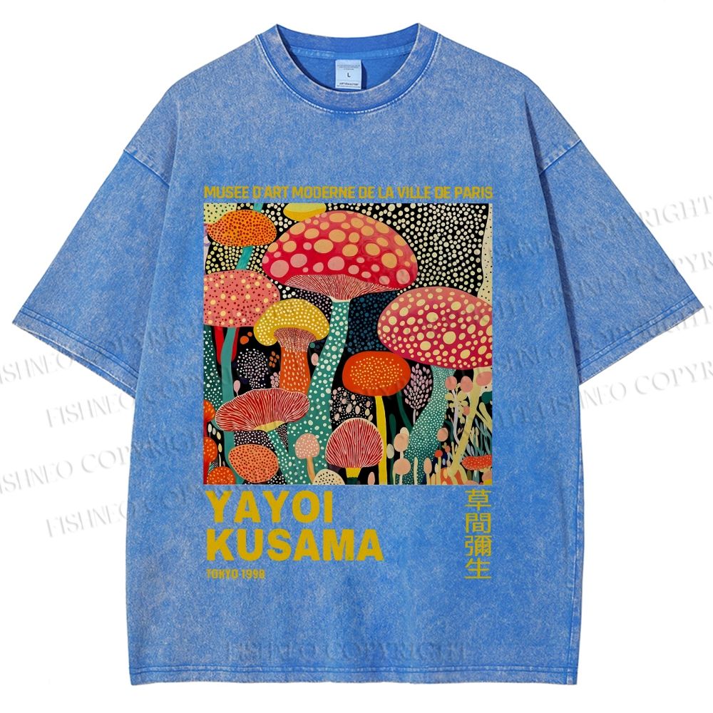 Unisex Yayoi Kusama Mushroom Printed Washed Tee