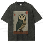 Unisex Traditional Owl In Japanese Art Printed Washed Tee