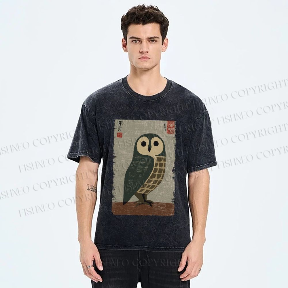 Unisex Traditional Owl In Japanese Art Printed Washed Tee