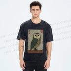 Unisex Traditional Owl In Japanese Art Printed Washed Tee