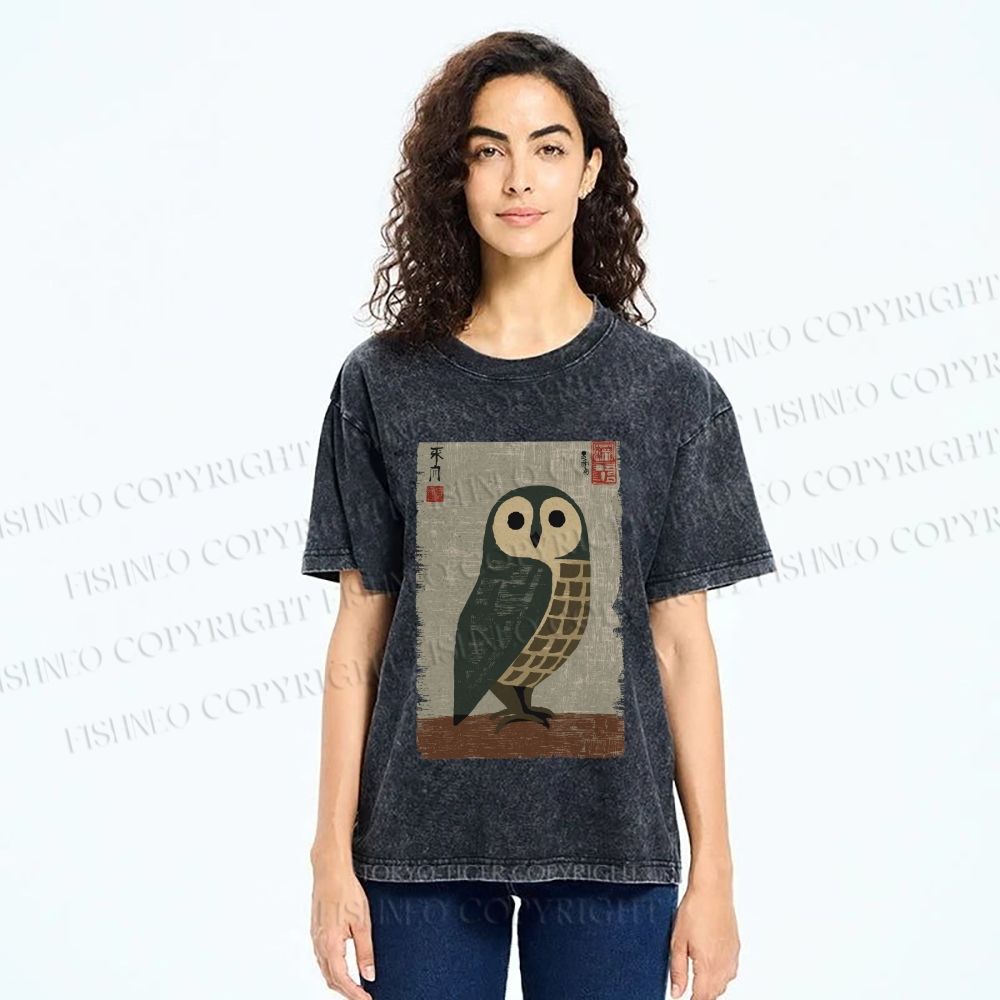 Unisex Traditional Owl In Japanese Art Printed Washed Tee