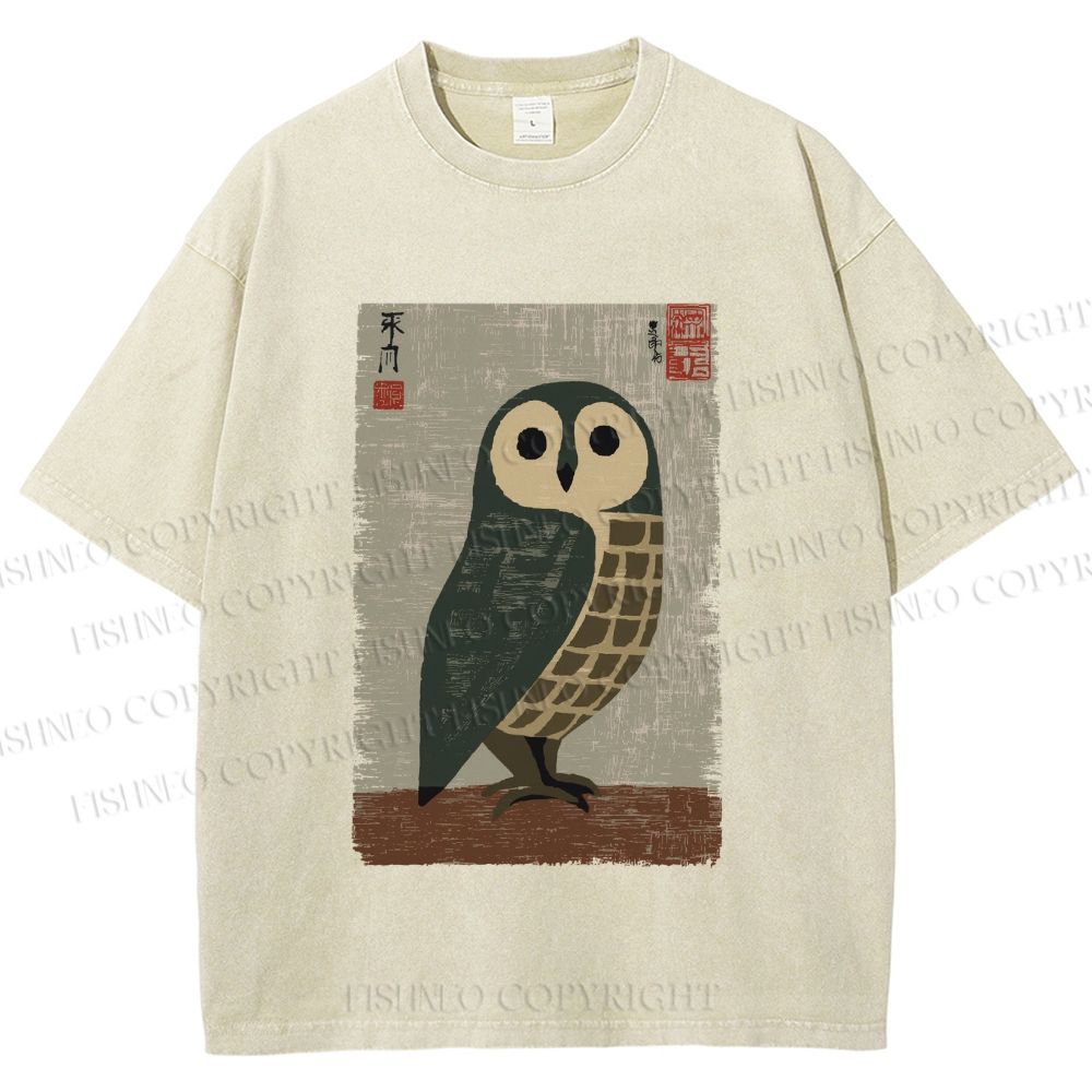 Unisex Traditional Owl In Japanese Art Printed Washed Tee