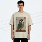Unisex Traditional Owl In Japanese Art Printed Washed Tee