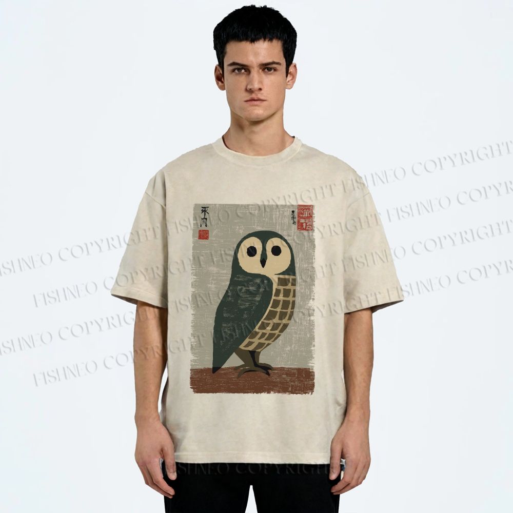 Unisex Traditional Owl In Japanese Art Printed Washed Tee