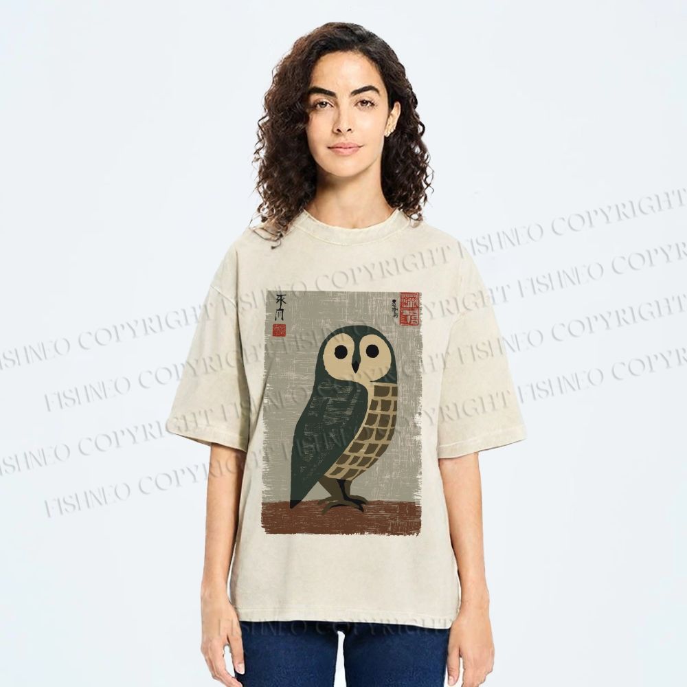 Unisex Traditional Owl In Japanese Art Printed Washed Tee