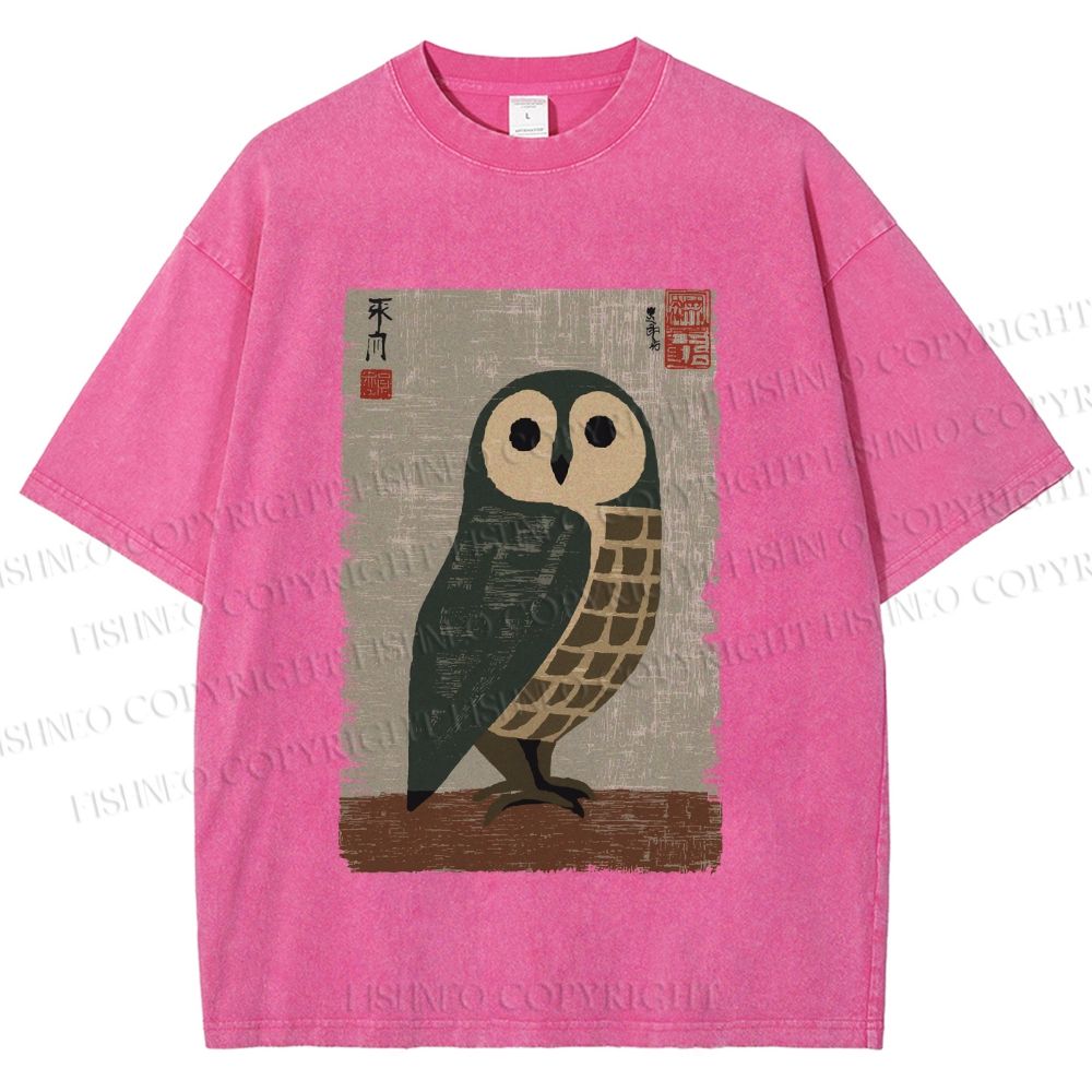Unisex Traditional Owl In Japanese Art Printed Washed Tee