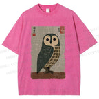 Unisex Traditional Owl In Japanese Art Printed Washed Tee