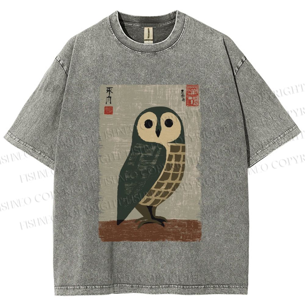 Unisex Traditional Owl In Japanese Art Printed Washed Tee