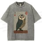 Unisex Traditional Owl In Japanese Art Printed Washed Tee