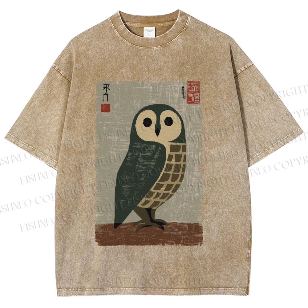 Unisex Traditional Owl In Japanese Art Printed Washed Tee