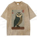 Unisex Traditional Owl In Japanese Art Printed Washed Tee