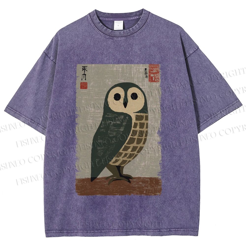 Unisex Traditional Owl In Japanese Art Printed Washed Tee