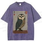 Unisex Traditional Owl In Japanese Art Printed Washed Tee