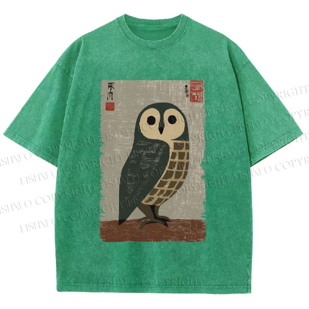 Unisex Traditional Owl In Japanese Art Printed Washed Tee