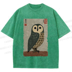 Unisex Traditional Owl In Japanese Art Printed Washed Tee