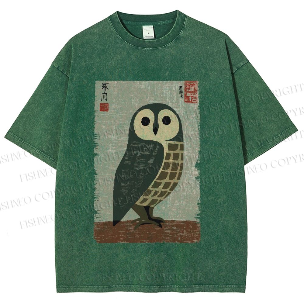 Unisex Traditional Owl In Japanese Art Printed Washed Tee