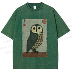 Unisex Traditional Owl In Japanese Art Printed Washed Tee