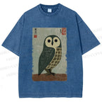 Unisex Traditional Owl In Japanese Art Printed Washed Tee