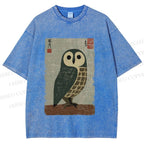 Unisex Traditional Owl In Japanese Art Printed Washed Tee