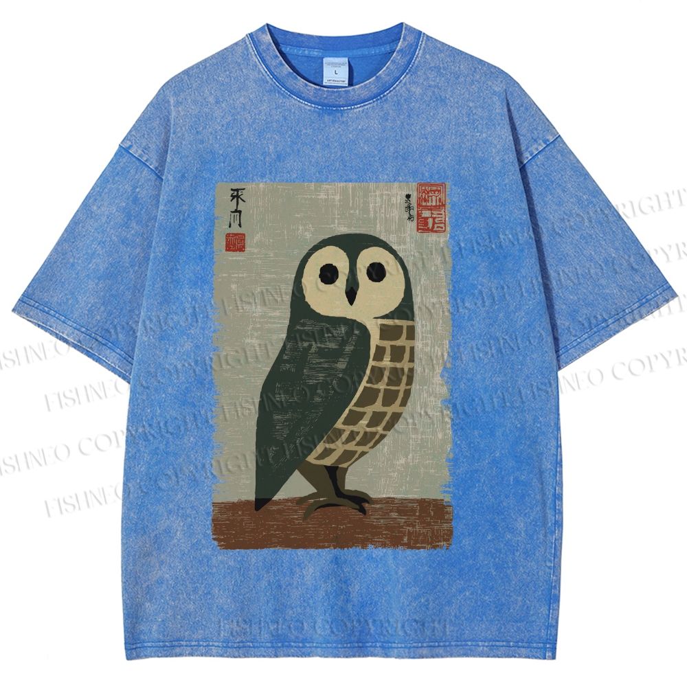 Unisex Traditional Owl In Japanese Art Printed Washed Tee