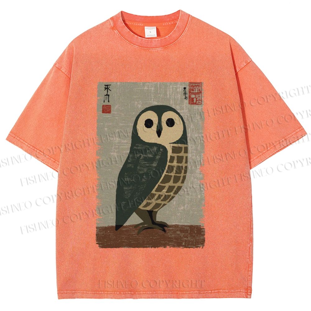 Unisex Traditional Owl In Japanese Art Printed Washed Tee