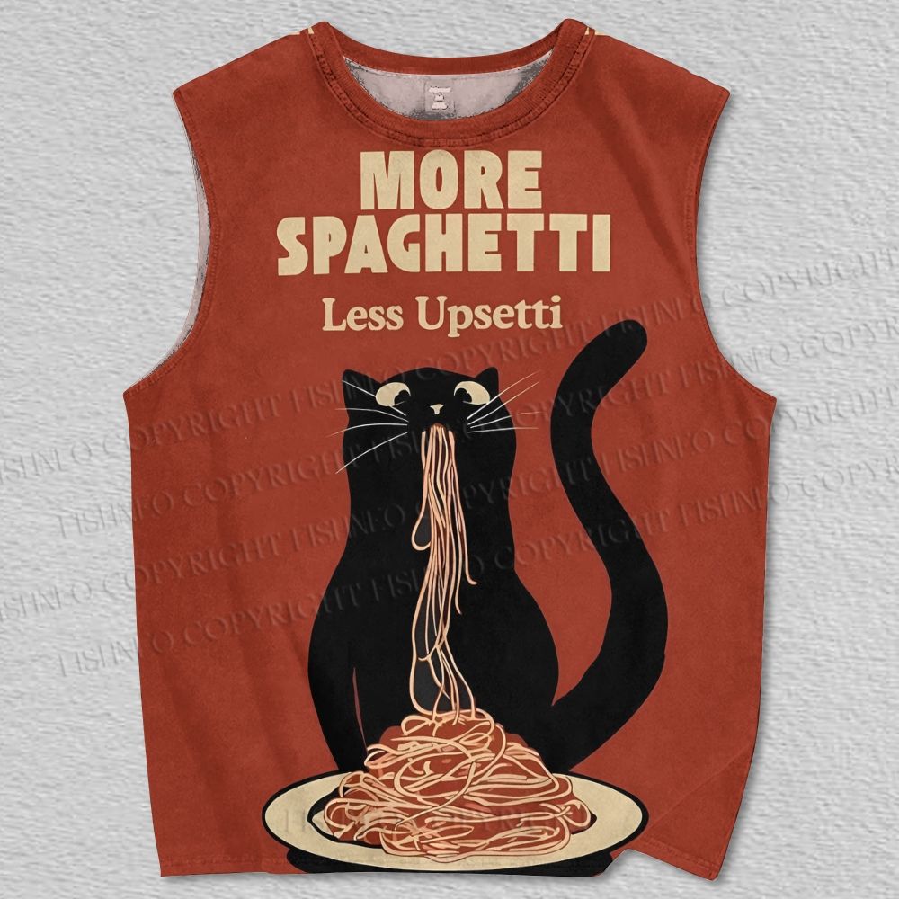 Unisex More Spaghetti Less Upsetti Black Cat Printed Tank Top