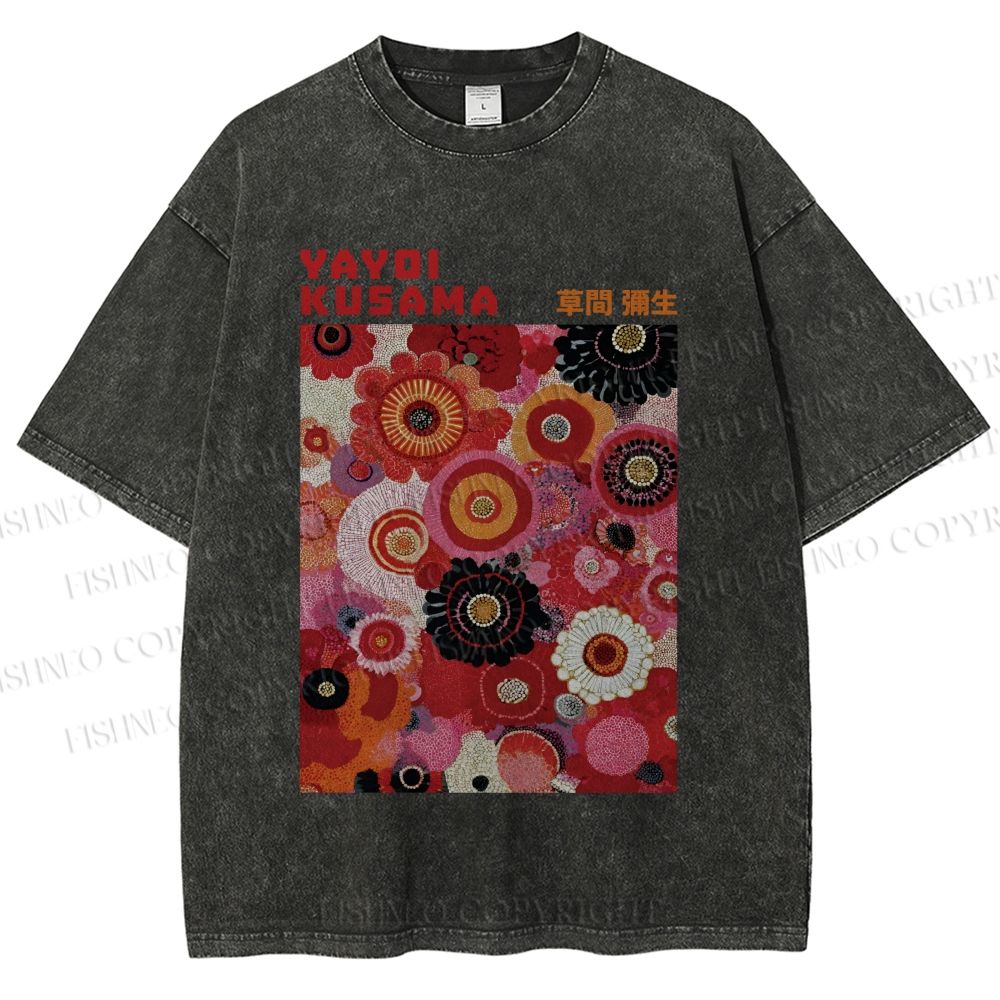 Unisex Yayoi Kusama Red Flowers Printed Washed Tee
