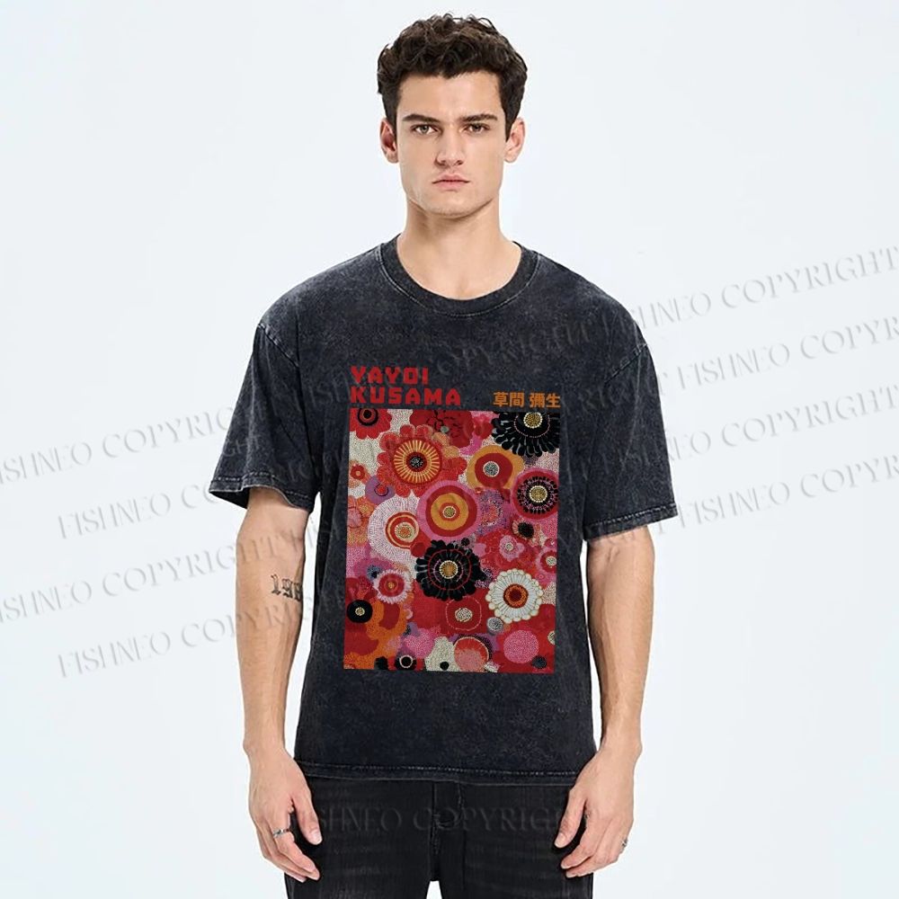 Unisex Yayoi Kusama Red Flowers Printed Washed Tee