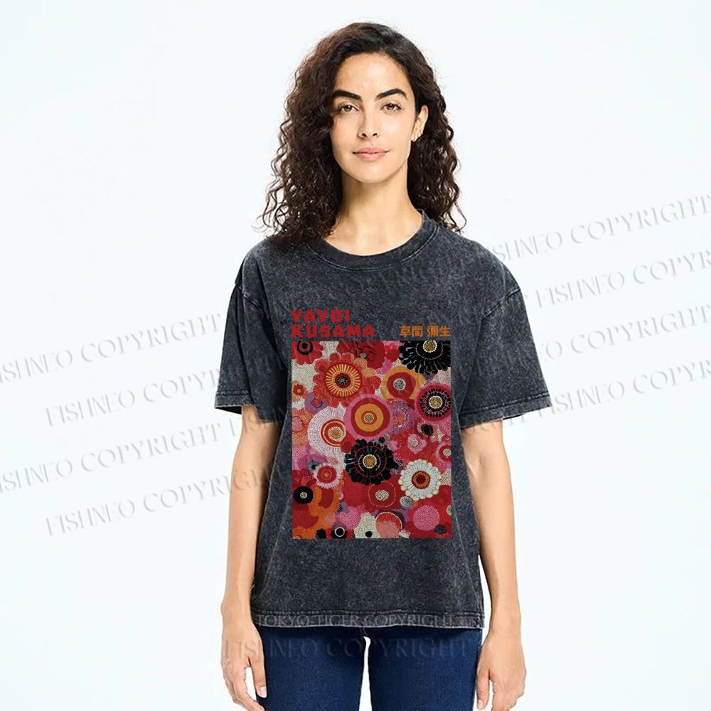 Unisex Yayoi Kusama Red Flowers Printed Washed Tee