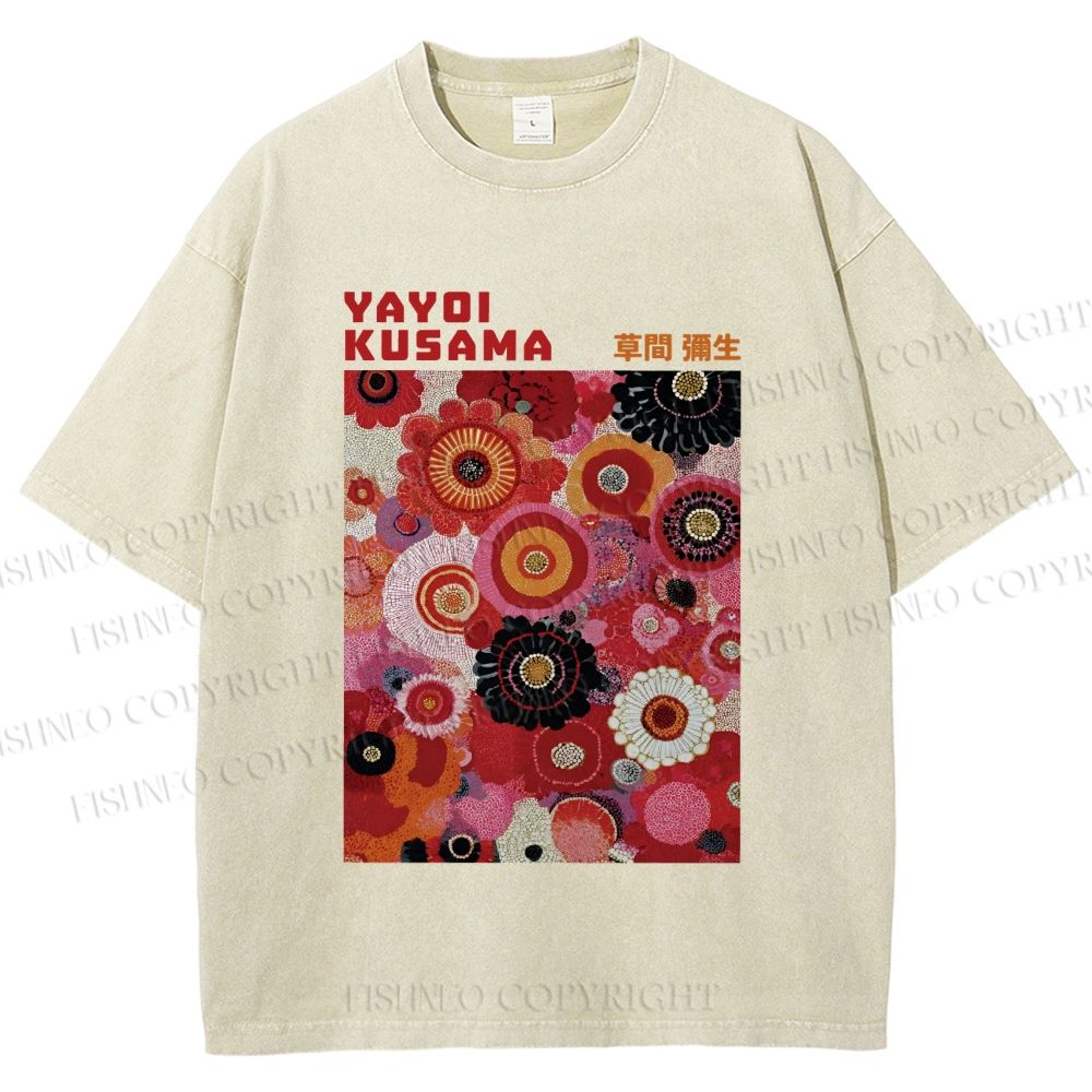 Unisex Yayoi Kusama Red Flowers Printed Washed Tee