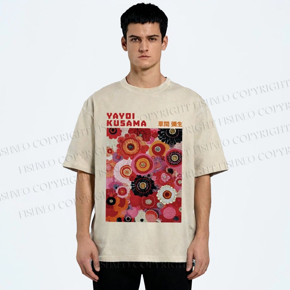 Unisex Yayoi Kusama Red Flowers Printed Washed Tee