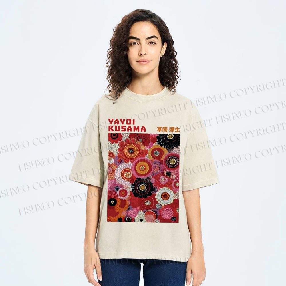 Unisex Yayoi Kusama Red Flowers Printed Washed Tee