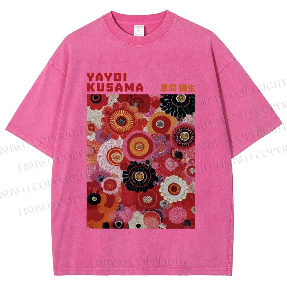 Unisex Yayoi Kusama Red Flowers Printed Washed Tee