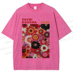 Unisex Yayoi Kusama Red Flowers Printed Washed Tee