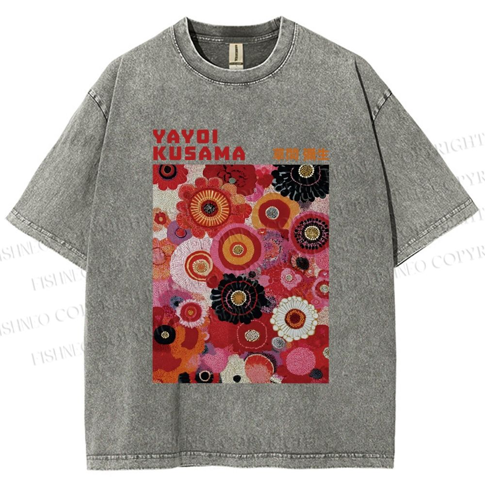 Unisex Yayoi Kusama Red Flowers Printed Washed Tee