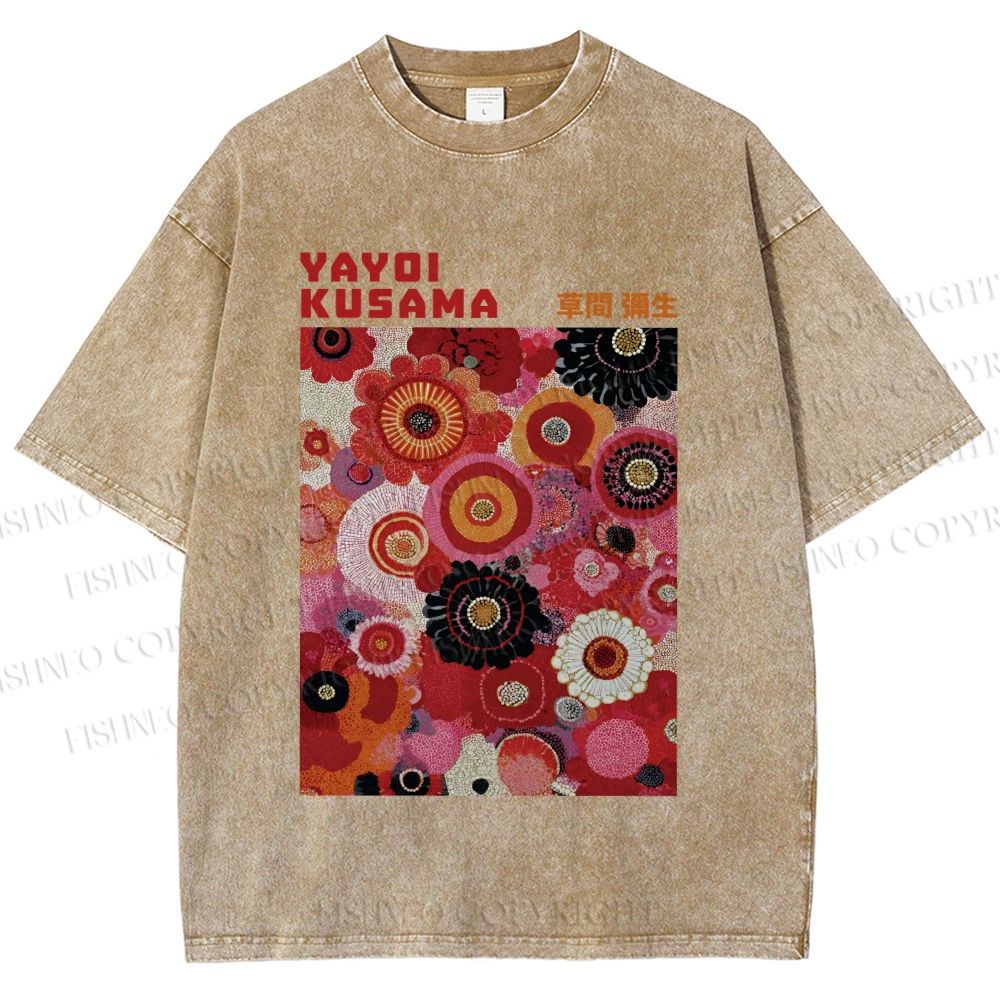 Unisex Yayoi Kusama Red Flowers Printed Washed Tee