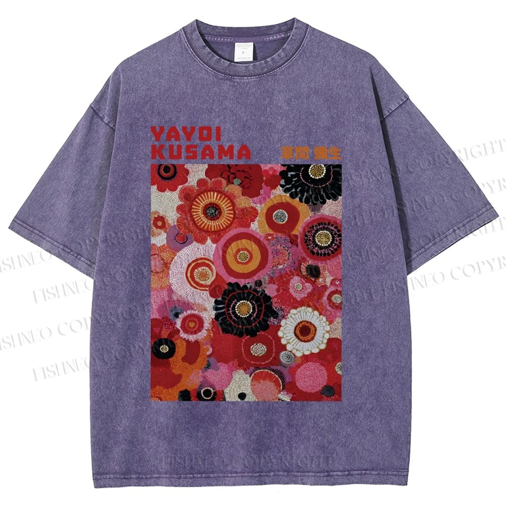 Unisex Yayoi Kusama Red Flowers Printed Washed Tee