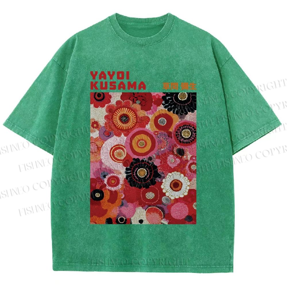Unisex Yayoi Kusama Red Flowers Printed Washed Tee