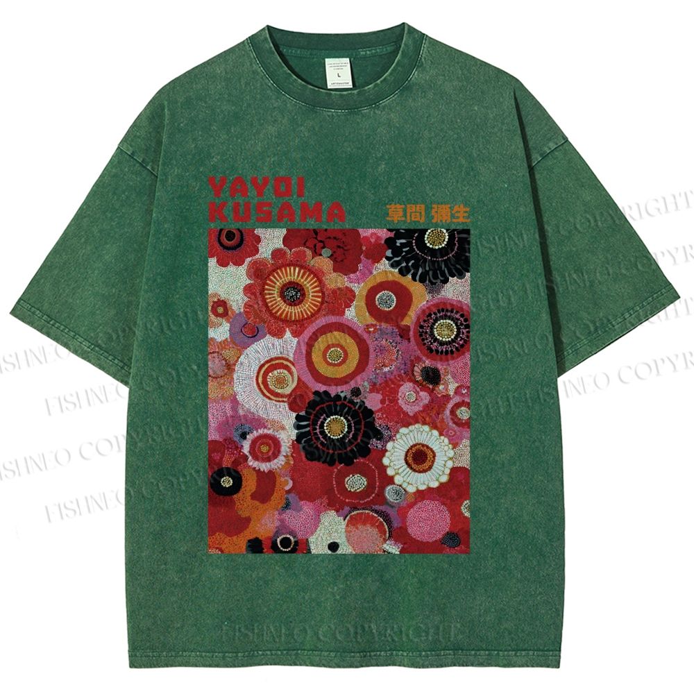 Unisex Yayoi Kusama Red Flowers Printed Washed Tee