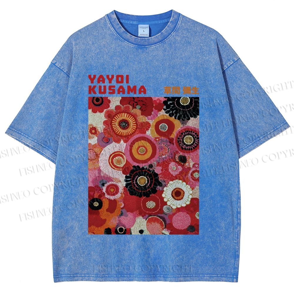 Unisex Yayoi Kusama Red Flowers Printed Washed Tee